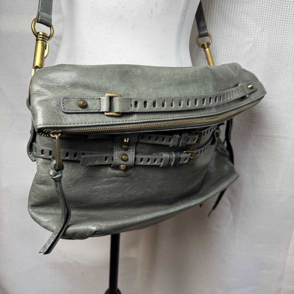 Joelle Hawkens Crossbody Bag Gray Green Victory Foldover Leather Chic Boho EUC